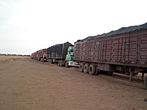 A row of trucks waiting to cross the border
